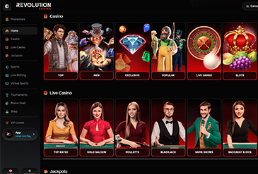 Pregled početne stranice Revolution Casino