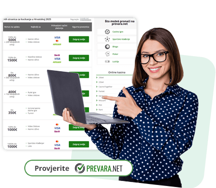 Image of a woman pointing to a laptop she holds, with a button 'Provjerite Prevara.net